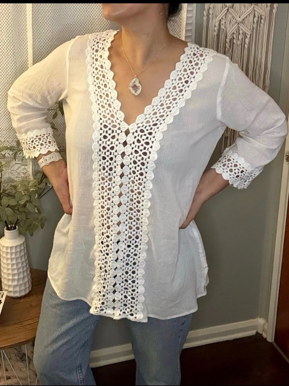 Raviya Beach Cover Tunic Women's White Crotchet white V-Neck Top XL